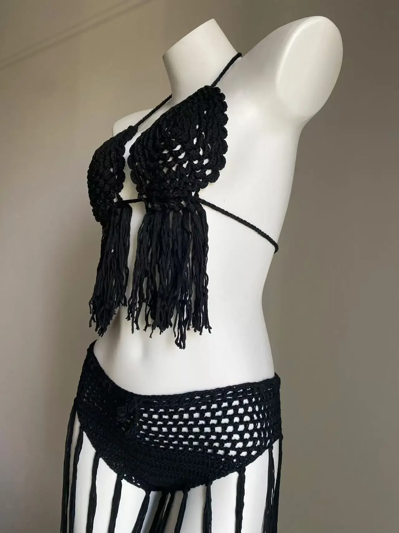 Women Summer Black Crochet Bikini Set Tassel Swimwear Sexy See Through Cover Up Skirt Hollow Out 2 Piece Knitted Beach Set