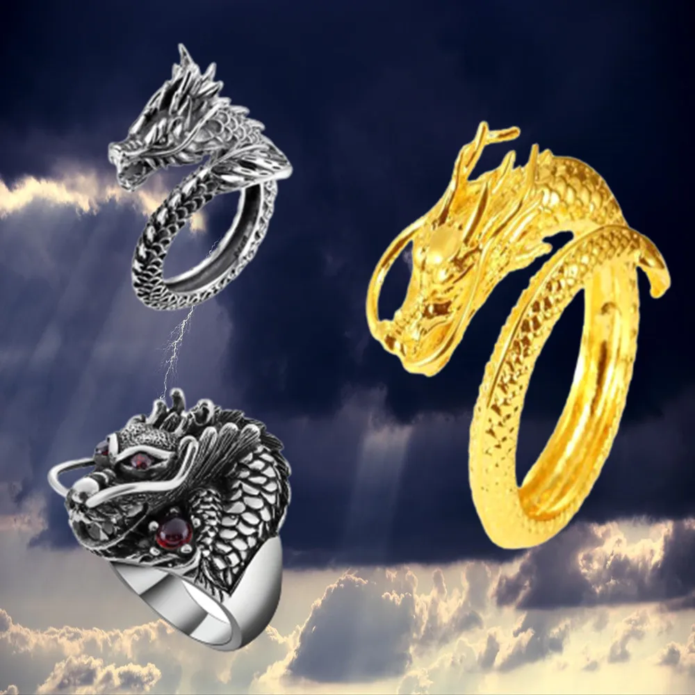 New Personality Dragon Head Embossed Domineering Men's Open Ring Retro Dragon Ring Wholesale Exaggerated Flying Dragon Ring Set