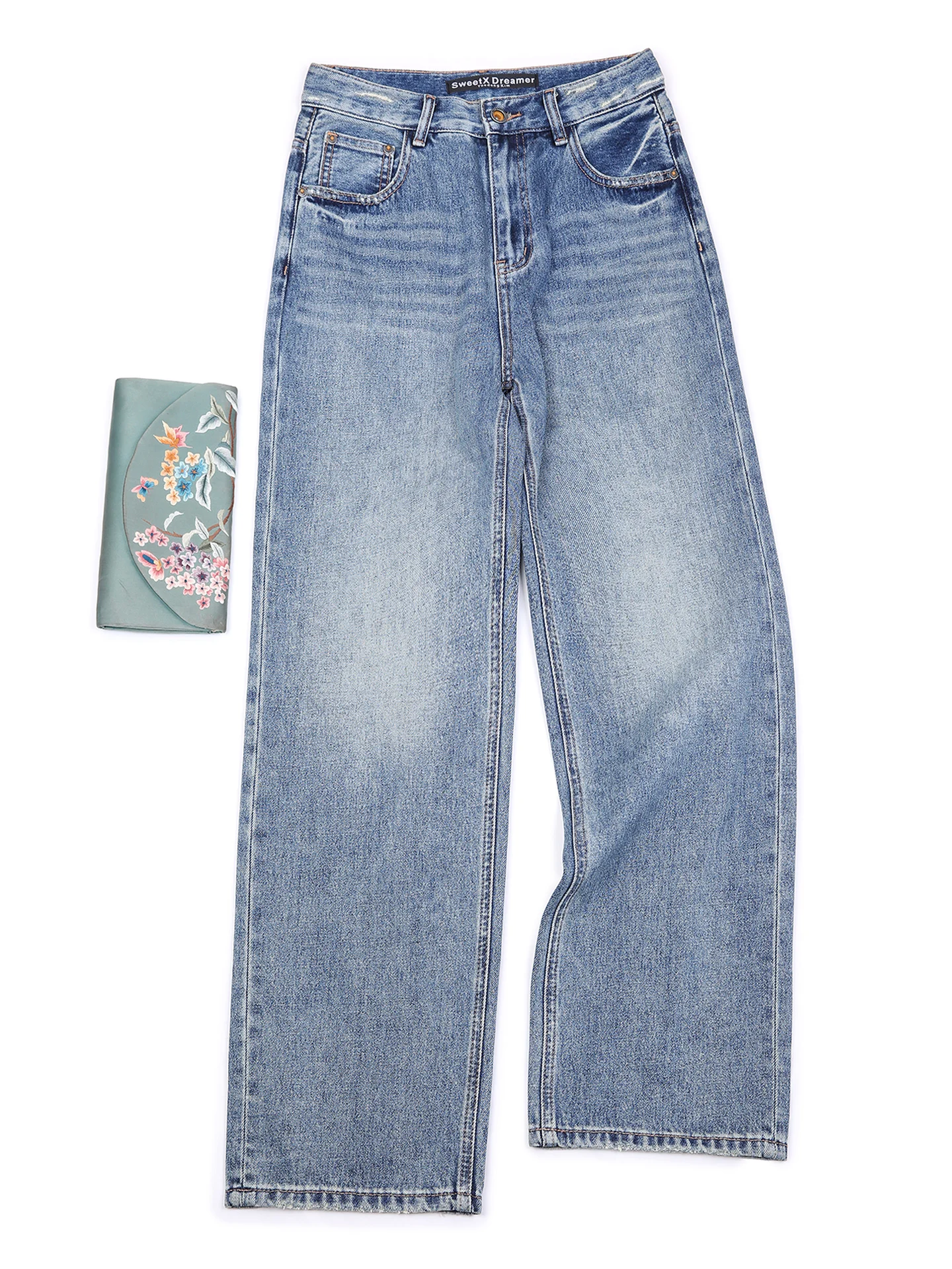 

Зимние женские джинсы с высокой талией и широкими штанинами, свободного кроя, в стиле ретро, повседневные длинные брюки, синие джинсовые прямые брюки