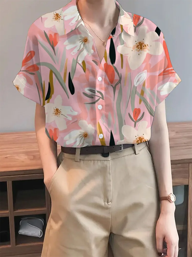 Summer Shirts & Blouses Floral Printed Women\'s Shirts 2024 Fashion Street Style Short Sleeve Casual Button Front Shirt Top