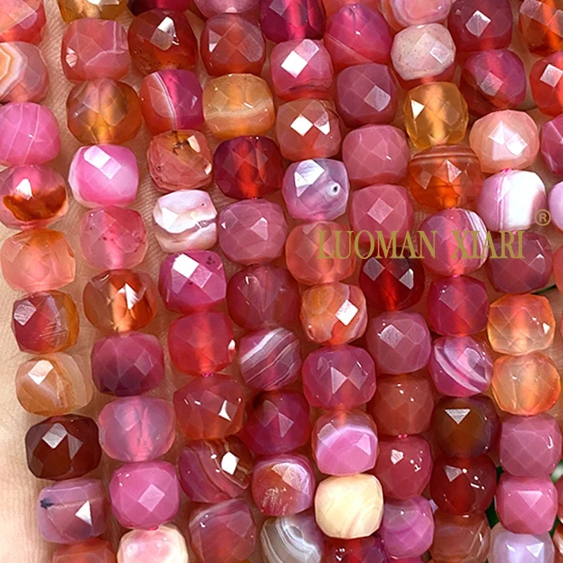 حبات من الحجر الطبيعي لصنع الحلي ، مربعة الأوجه ، عقيق أحمر وردي ، فاصلة مكعبات فضفاضة ، أساور ذاتية الصنع ، إكسسوارات سحر ، 7-8 #5