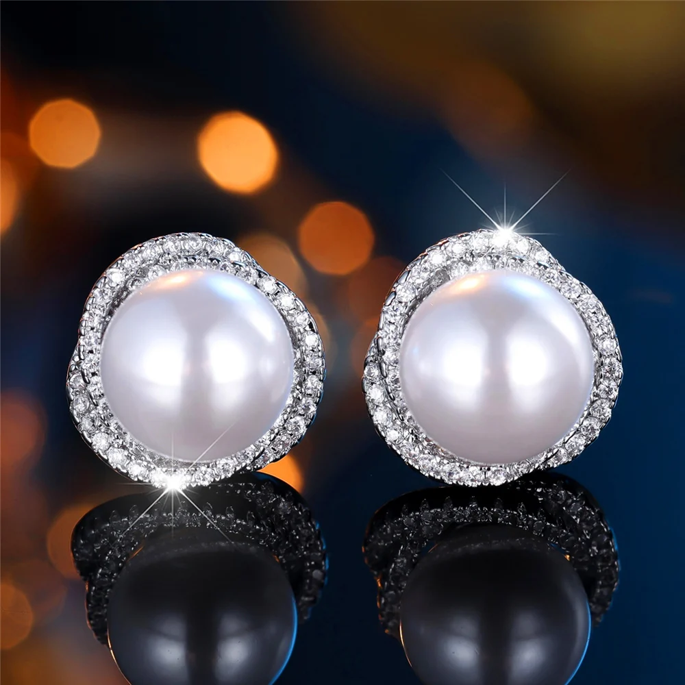 Cute Female Crystal White Pearl Round Stone Stud Earrings Silver Color Wedding Jewelry For Women