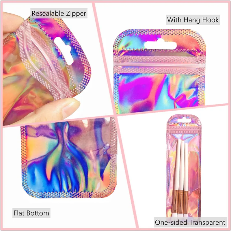 100Pc Resealable Holographic Pen Smell Proof Pouch Zipper Closure Beadable Packaging Bags for Pen Sealable Storage Bag