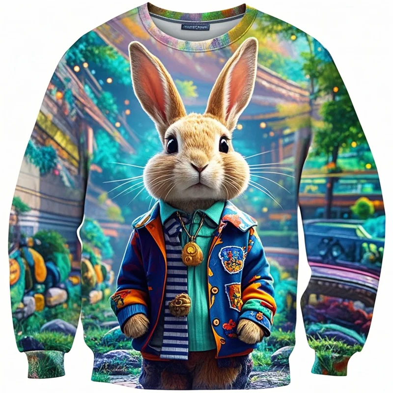 Cat Bunny 3D Print Sweater Men Kids Oversized Long Sleeved Sweatshirt Sportswear Spring Autumn Fashion Round Neck Pullovers Tops