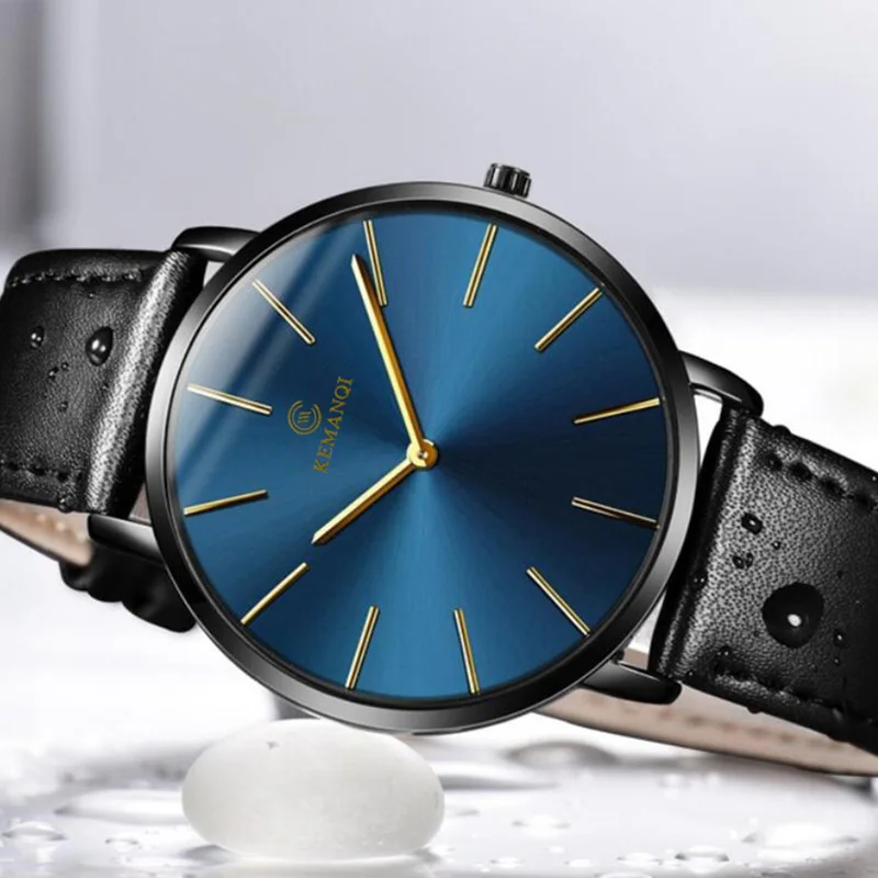 

Fashion Business Men's Watches Ultra Thin Mens Watches Blue Dial Leather Band Quartz Wristwatches Relogio Masculino Reloj Hombre