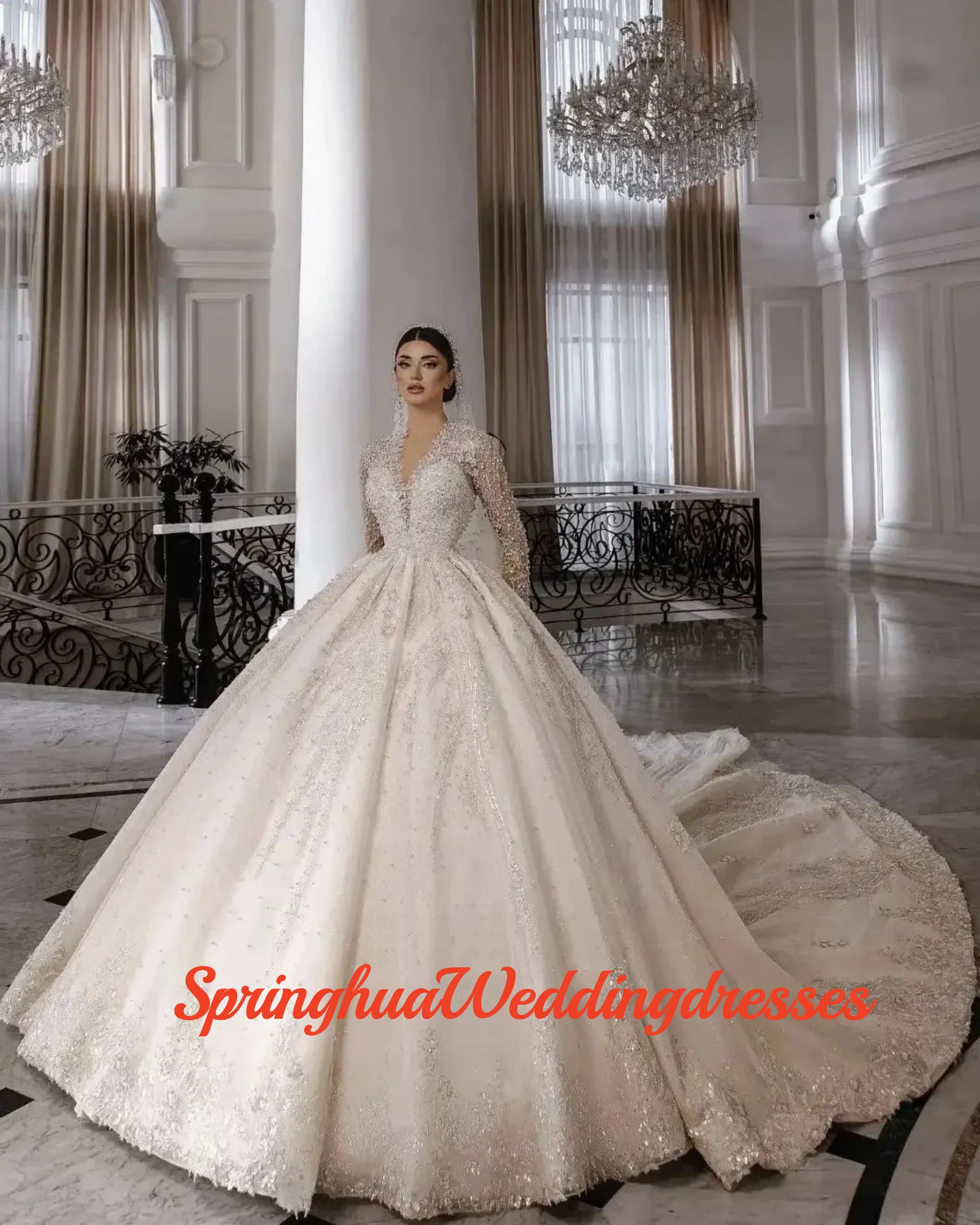 Customzied Exquisite Shine Lace A-Line WeddingDress Elegant Pearls Appliques Slim Fit Ball Gown Brush Train Bridal Gowns Dress