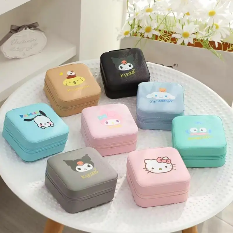 Sanrio Cartoon Portable Travel Jewel Case Kawaii Hello Kitty Cinnamoroll Kuromi Girl Ear Stud Pendant Ring Storage Box Girl Gift