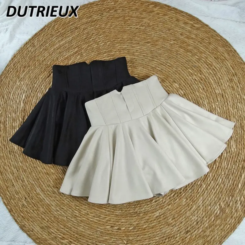 High Waist A- Line Fishbone Ruffled Pleated Mini Skirt Cake Puffy Anti-Exposure Shorts Half Skirts for Women Autumn and Winter