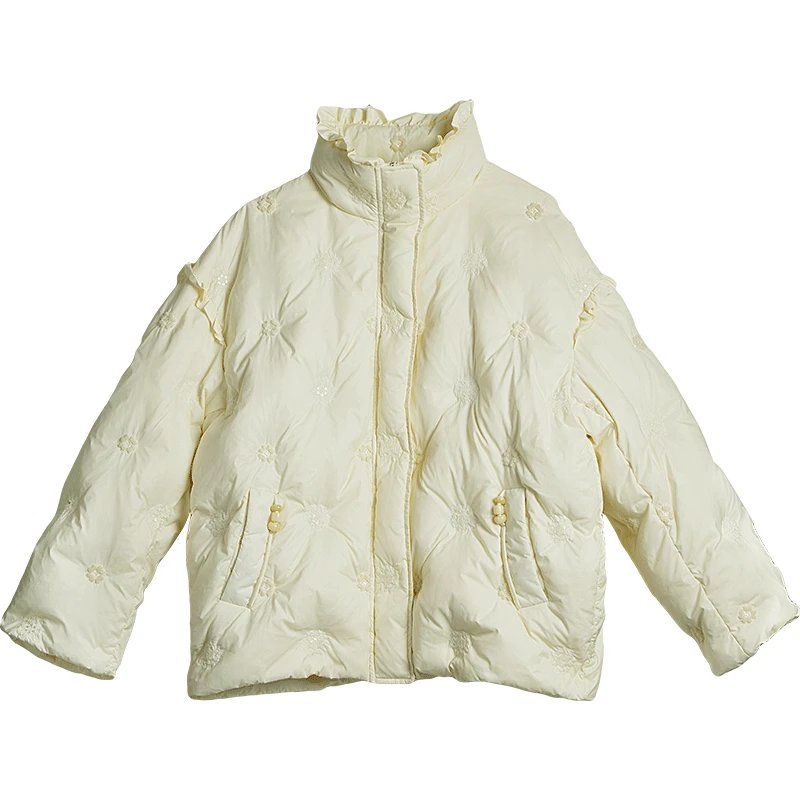 OLrain chaqueta de invierno para mujer 2025 elegante volantes cuello vuelto abrigos con bordado Floral chaquetas cortas para mujer GO57DY000820