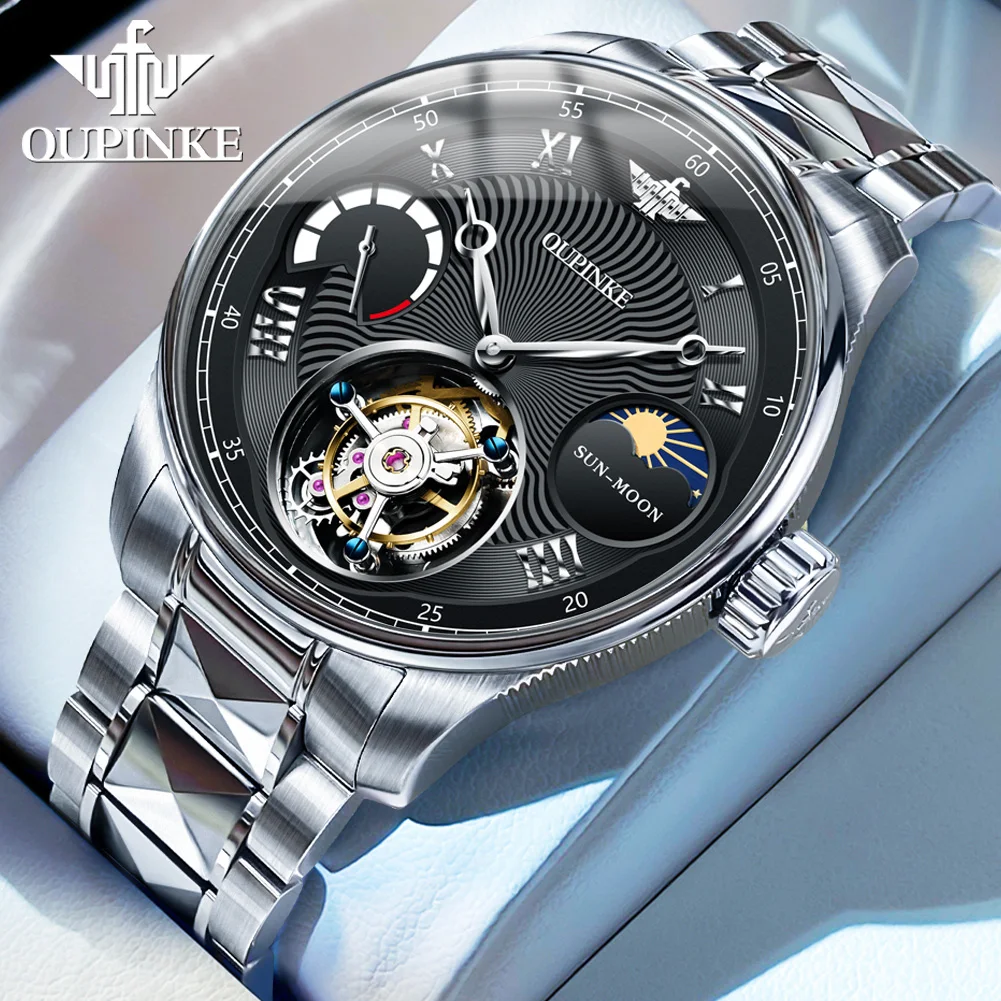 OUPINKE 8001 Tourbillon Men Automatic Mechanical Watch High end Moonphase Waterproof Luxury Sapphire Mirror Original Men Watch