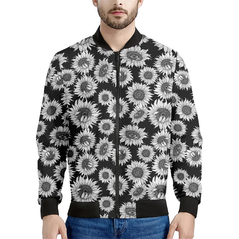 Black White Sunflower Pattern Jacket Men 3d Printed Floral Sweatshirts Street Long Sleeves Oversized Zipper Jackets Coats