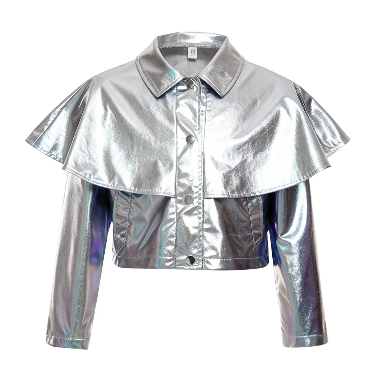 

Kids Girl Metallic Gloss Bomber Jacket Coat Turn Down Collar Long Sleeve Front Press Buttons Coat for Disco Hip-hop Jazz Dance