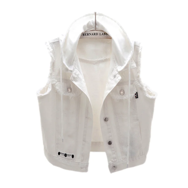 Detachable Hooded Big Pocket White Denim Vest Women Slim Short Cowboy Waistcoat Korean Frayed Sleeveless Jeans Jackets Female