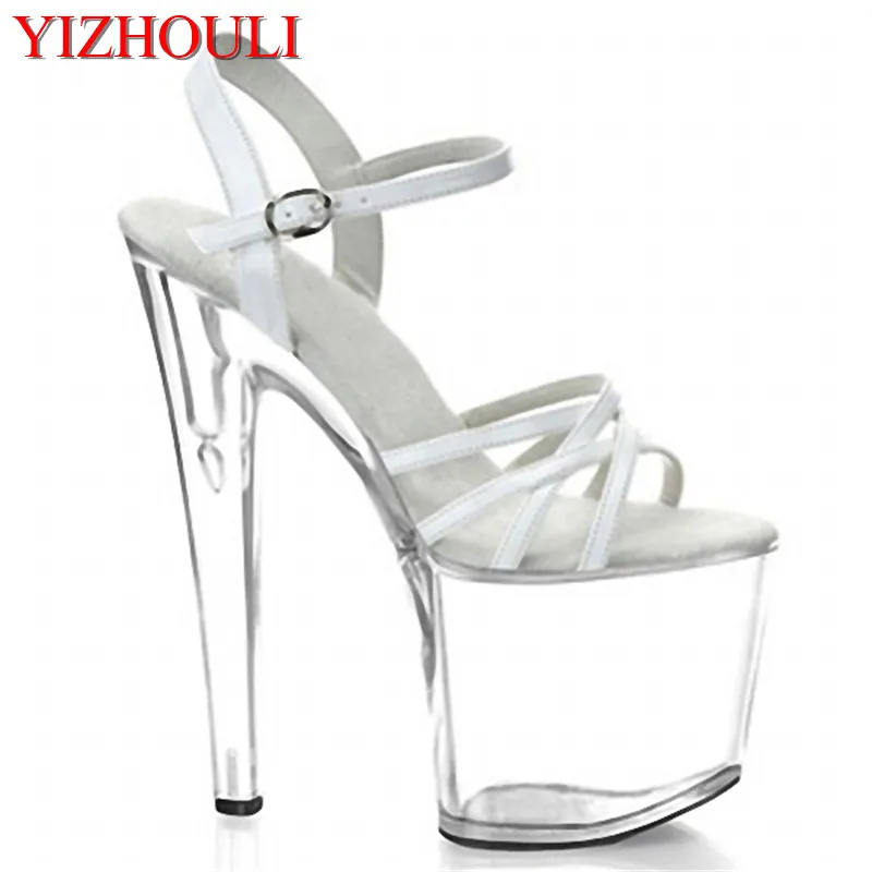 

Sexy crystal 20 cm high heel sandals, crossed with vamp high heels, model stage show, banquet wear dance shoes