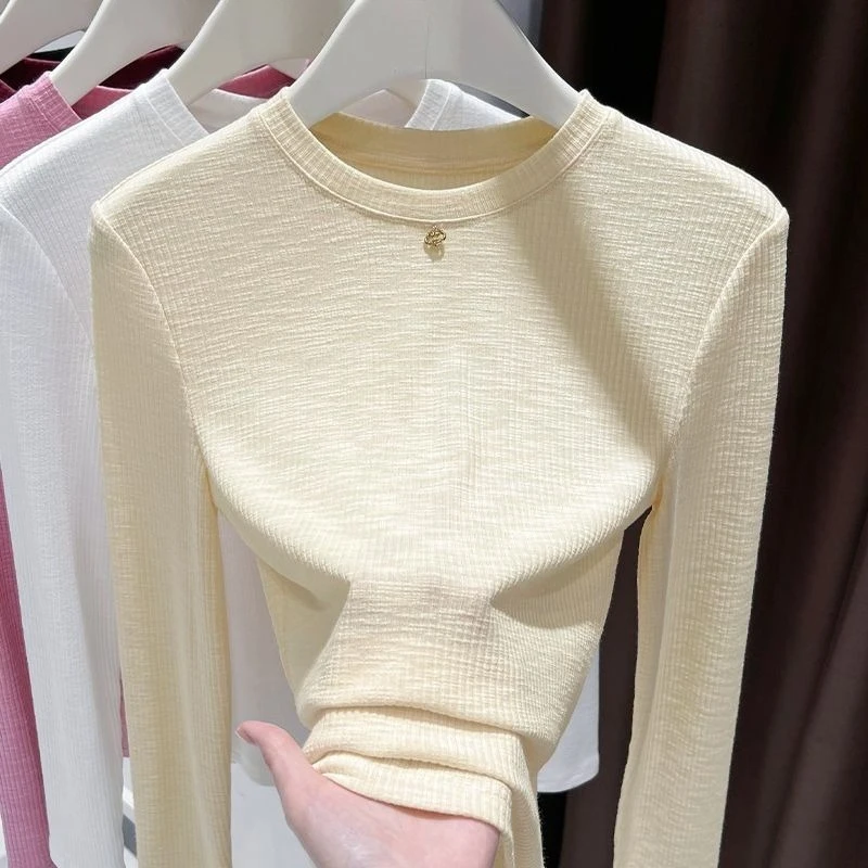 Women Slub Cotton Long Sleeve T Shirt Crew Neck Slim Fit Knitted Base Layer Top Versatile Casual Thermal Undershirt