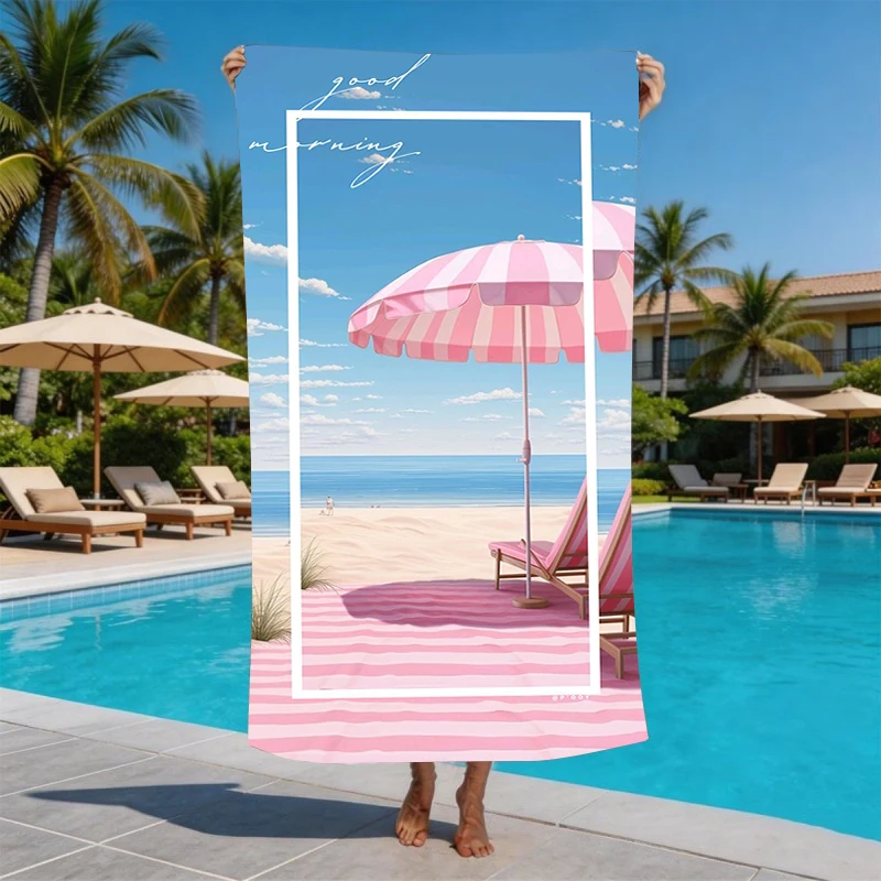 Pink umbrella beach towel striped lounge chair summer breeze beach vacation quick drying bath towel