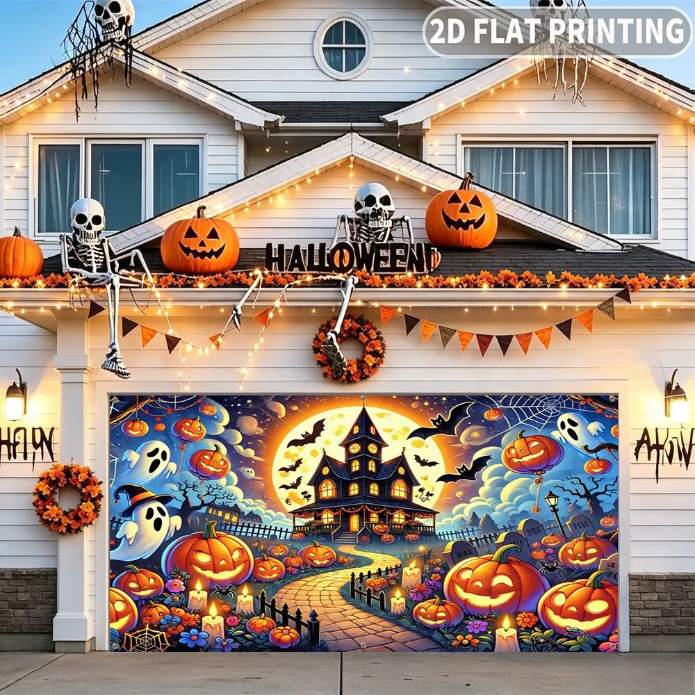 1pc 2D FLAT Halloween Party Garage Banner, Halloween Haunted House Pumpkin Path Pattern, No Power Need, for Garage Door Decor