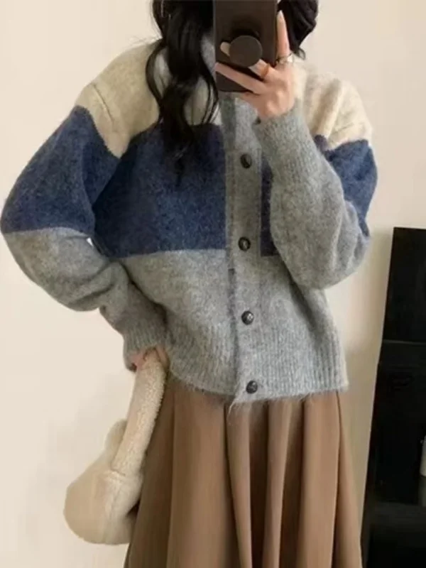 Soft Cozy Blue Patchwork Sweater Cardigan Women's Loose Style Autumn 2026 Elegant Lazy Korean Fashion Single Button Long Sleeve