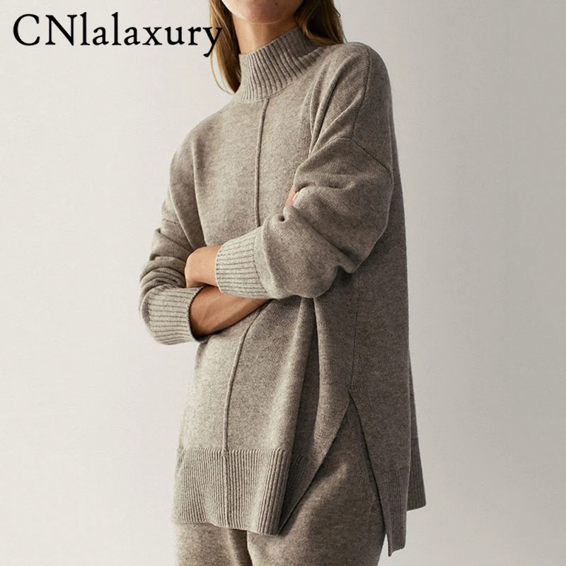 CNlalaxury Autumn Winter Women Casual Simple Stand Collar Sweater Long Sleeve Loose Knitted Sweaters Solid Color Long Pants Set