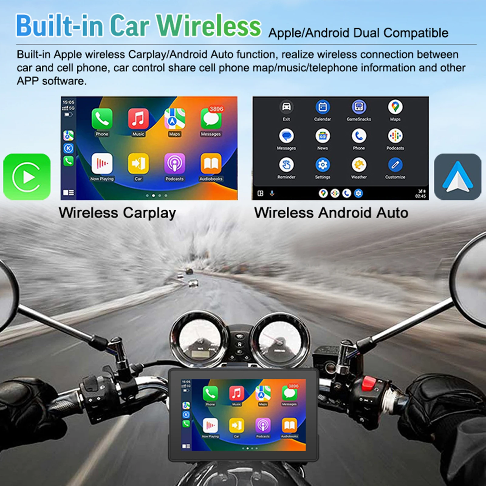 5 pollici Moto CarPlay navigatore Moto portatile impermeabile compatibile casco Bluetooth e supporto per cuffie CarPlay Android Auto