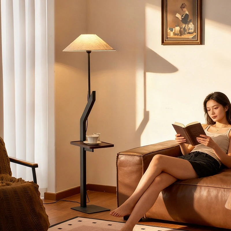 Medieval floor lamp, integrated atmosphere lamp next to the shelf in the living room sofa