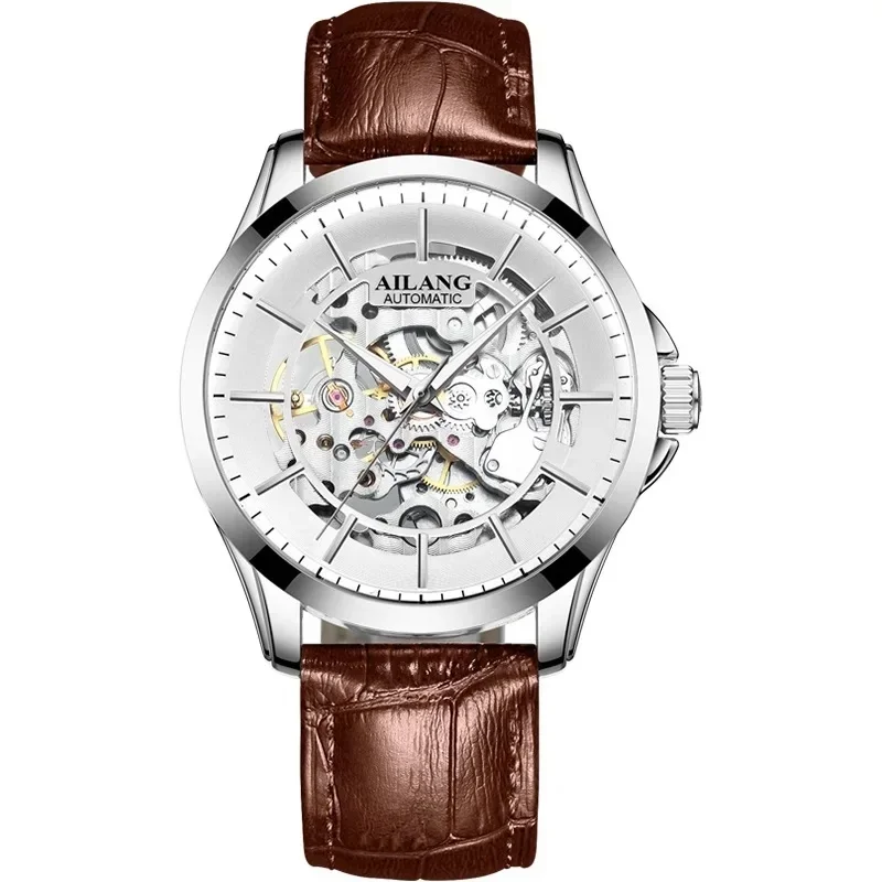 AILANG 8629 Men's Luxury Automatic Watch Steel Strip Section Skeleton Dial Blue Leather Strap Waterproof Luminous Wristwatch
