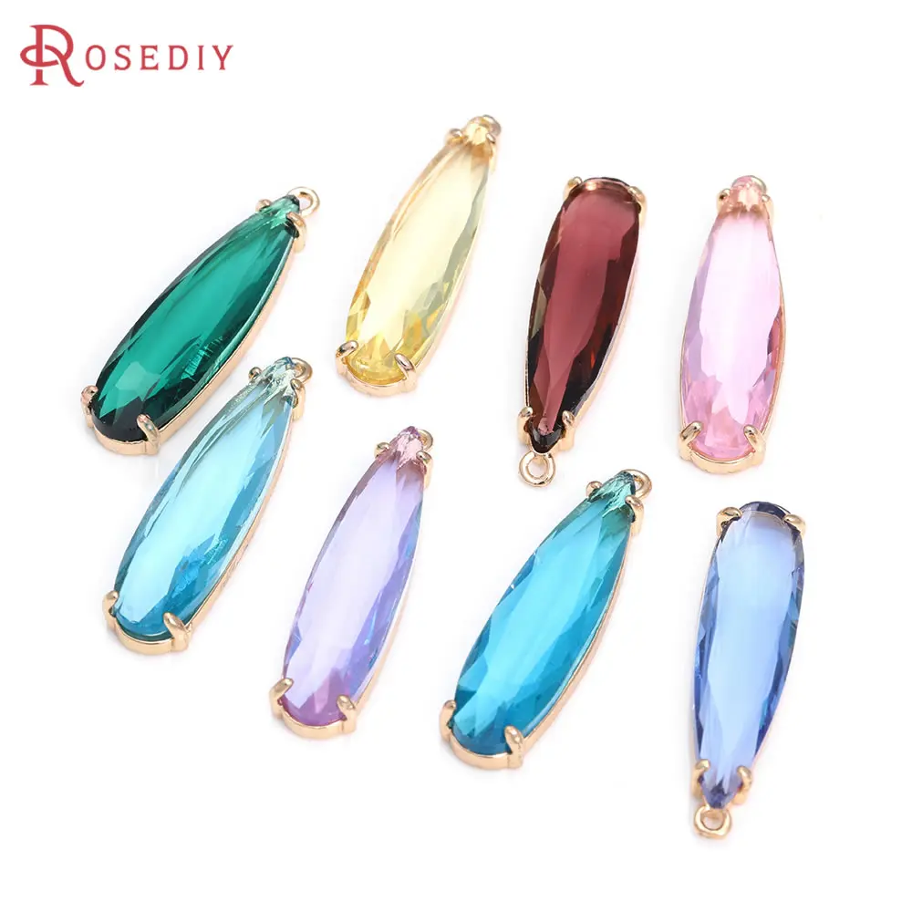 6PCS 8x30MM High Quality Champagne Gold Color Brass and Glass Long Drop Shape Charms Pendants Jewelry Making Diy Accessories