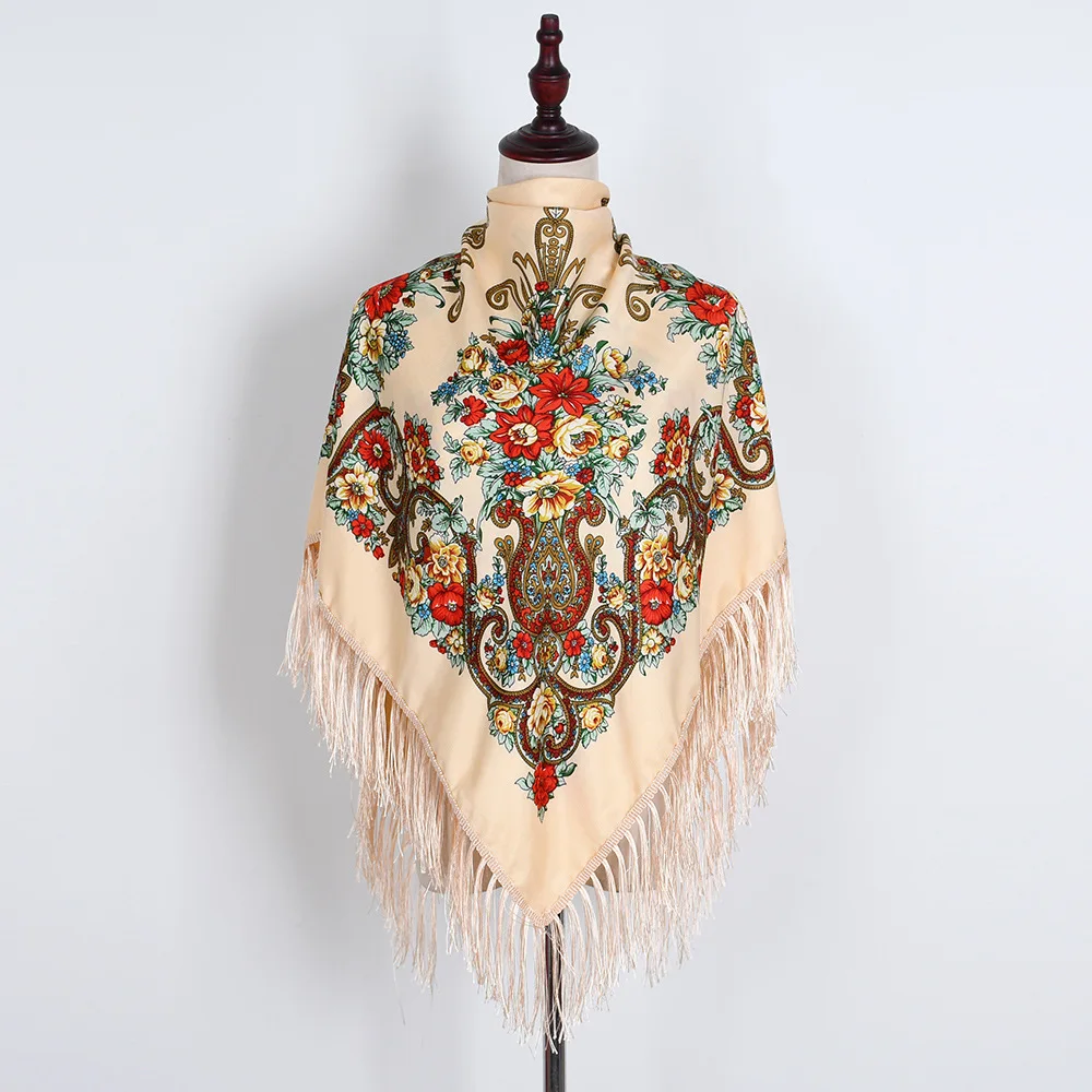 

130*130cm Russian Style Floral Print Square Scarves Traditional Fringed UKrainian Shawl Babushka Bandana Head Wraps