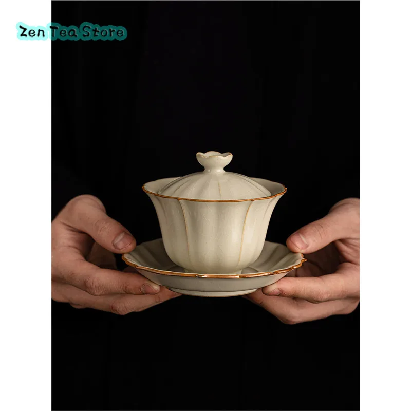 Retro Beige Ru Kiln Three Cover Bowl Teacup Open Piece Can Raise Large Capacity Tea Bowl Ceramic Home Kung Fu Tea Set