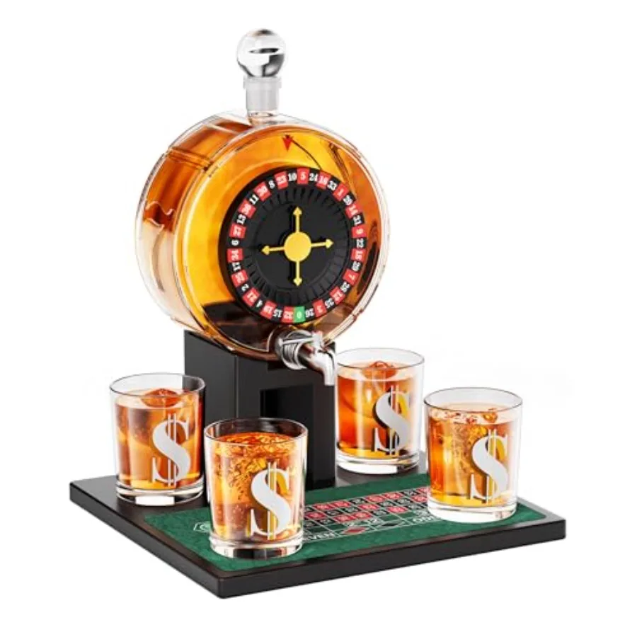 

Roulette Whiskey Decanter Set 60.9 Oz Casino-Style Slot Decanter with 4 Dollar Glasses New Year Birthday Gifts for Men Dad Him