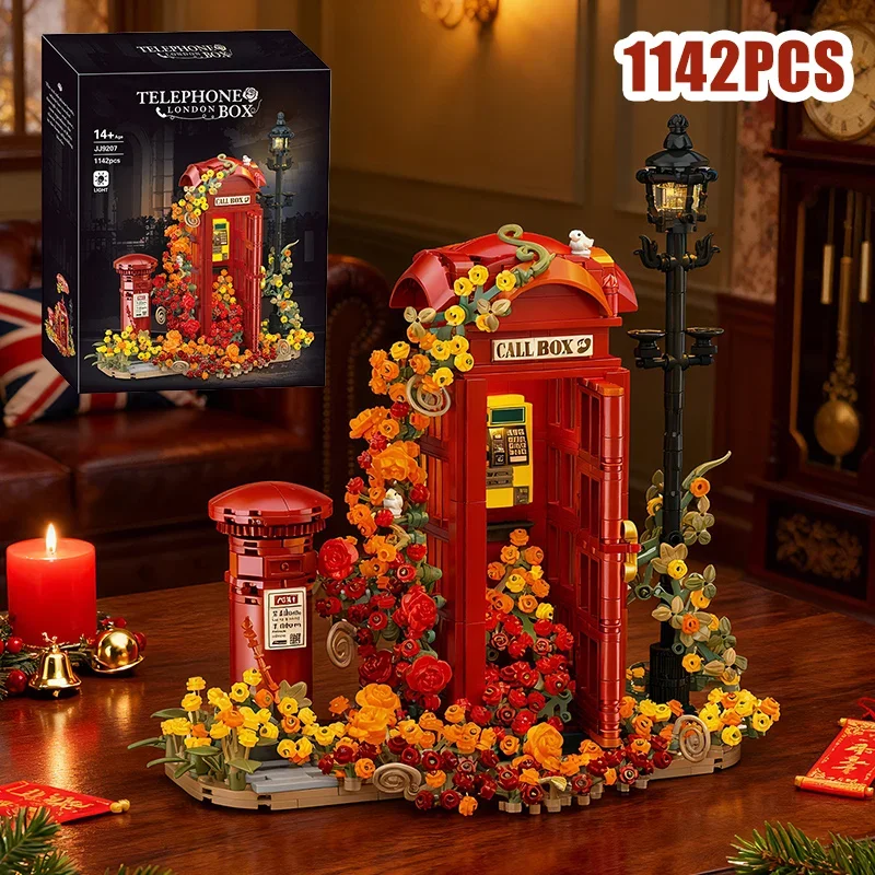 

1142 шт., ретро британская красная телефонная будка, сборка, игрушки, строительные блоки, MOC, классический почтовый ящик, цветочная упаковка, светящиеся детские подарочные игрушки
