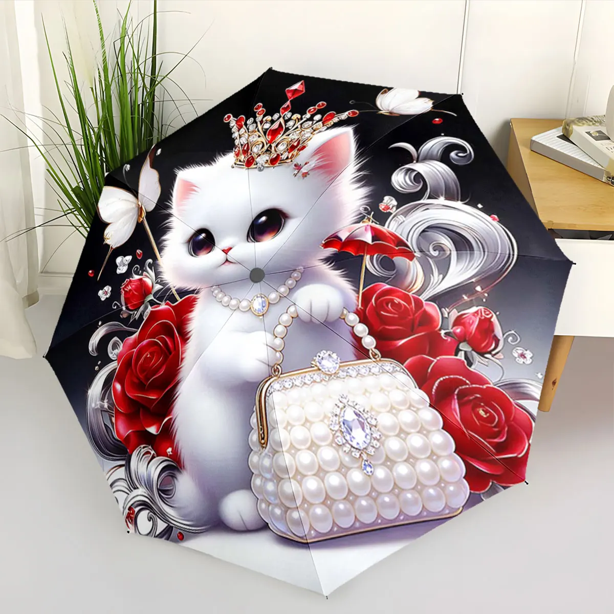 1PC Charming Cat with Roses and Pearls on Umbrella Print 8 Iron Ribs Folding Umbrella Auto-Open Fashion Sunshade