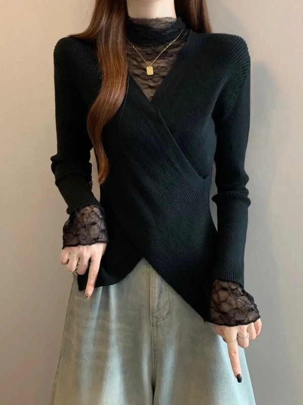 

Elegant Black Lace Half High Neck Knitted Sweater Women's Base Layer Shirt Fake Two-Piece Top Korean Style Loose Fit Long Sleeve