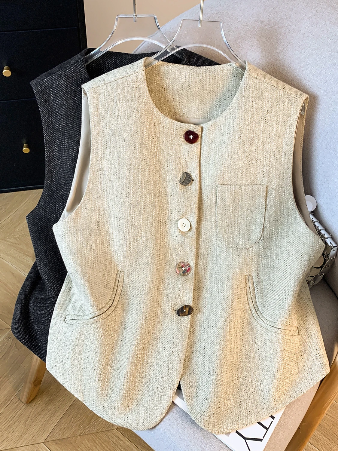 Authentic Women's Suit Vest Loose Outerwear Sleeveless Tank Top Warm Cotton Polyester Blend Standard Fit round Neck Pure Color