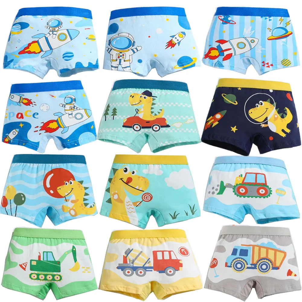 12 Packs Boys Trunk Multipack Boxers Underpants Kids Child Panties Dinosaur Car Roket Astronaut Cotton Teenage Underwear 2-15Y