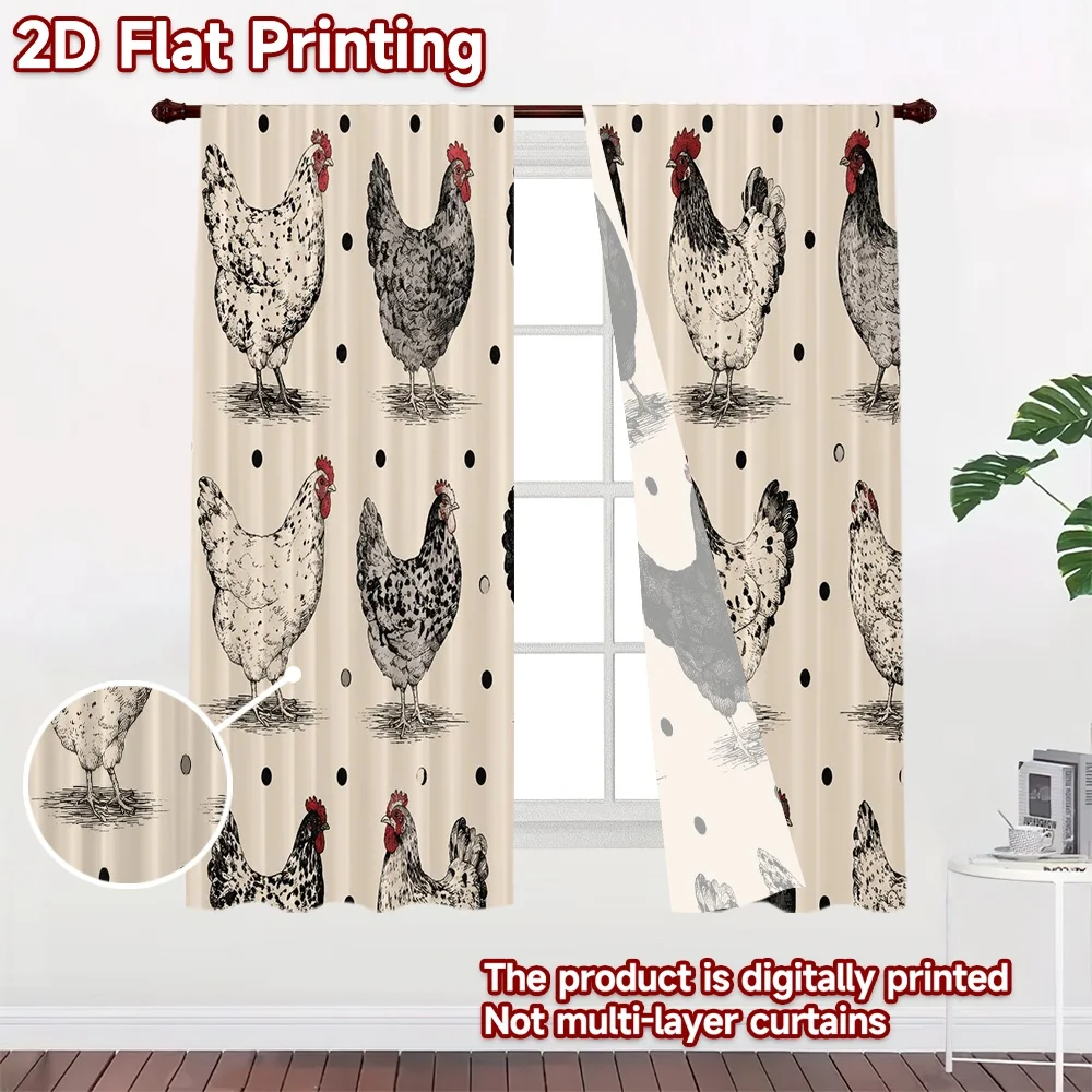 2D FLAT PRINTING 2pcs Curtains (Without Rod) Farmyard Chickens Chic Minimalist Curtains Versatile 100% Polyester Curtains
