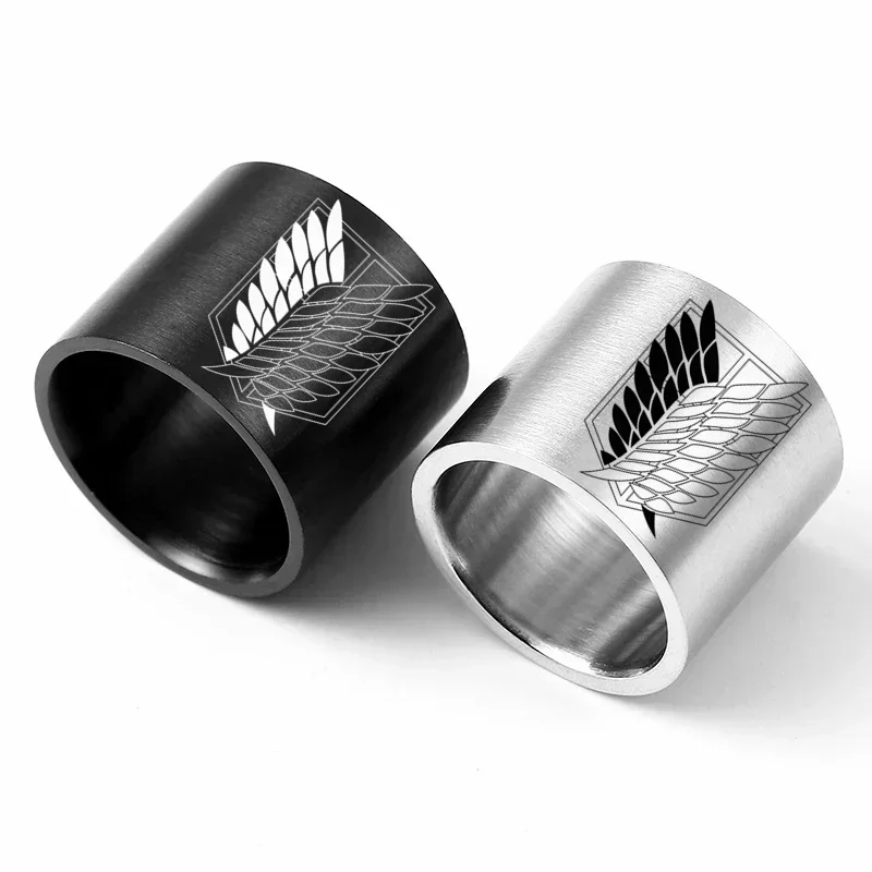 

8mm Attack on Titan Black sliver Stainless Steel Ring Wings Of Liberty Flag Finger Rings For Men Women Jewelry Anime Fans