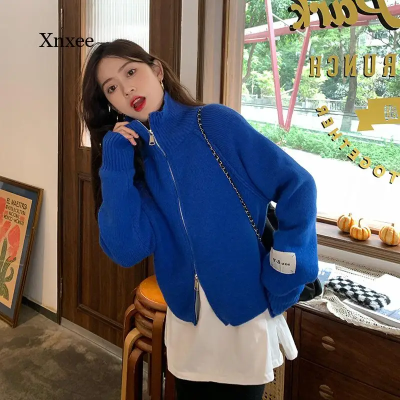 Sweater Cardigan Woman Knitted Tops Turtleneck Two-Way Zipper Loose Elastic Wild Casual Style 2022 New Spring Fashion Sweaters