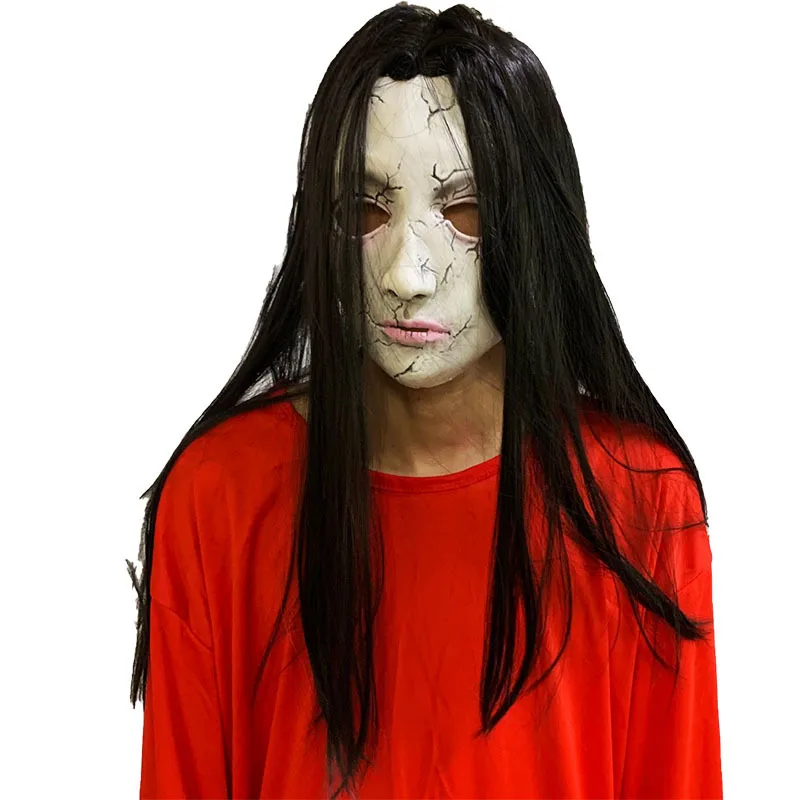 

Halloween Grimace Mask Terrifying Devil Scary and Funny Mask Dance Performance Latex Black Hair Cracked Female Ghost Style