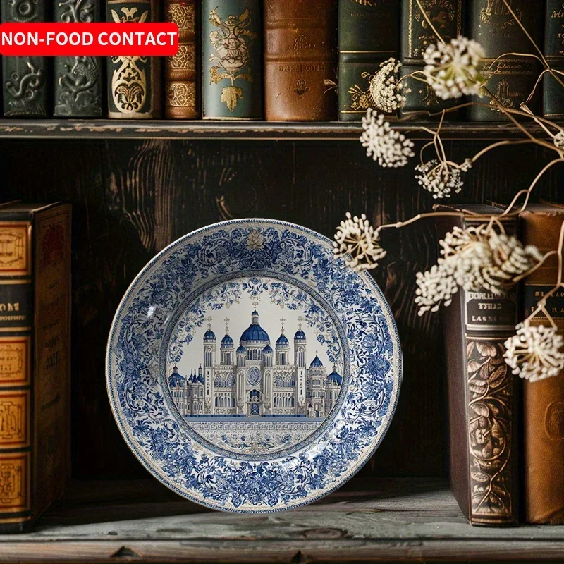 1pc European Castle Pattern Ceramic Decorative Plate Exquisite Art Hanging Plate Home Wall Decoration Ornament Non-Food Contact