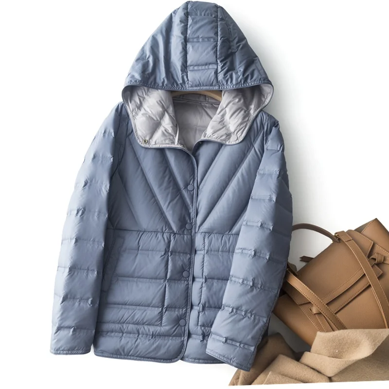 Two-Sided Winter New Warm Hooded Down Coat Women Light Thin White Duck Down Jacket Parkas Female Single Breasted Puffer Outwears