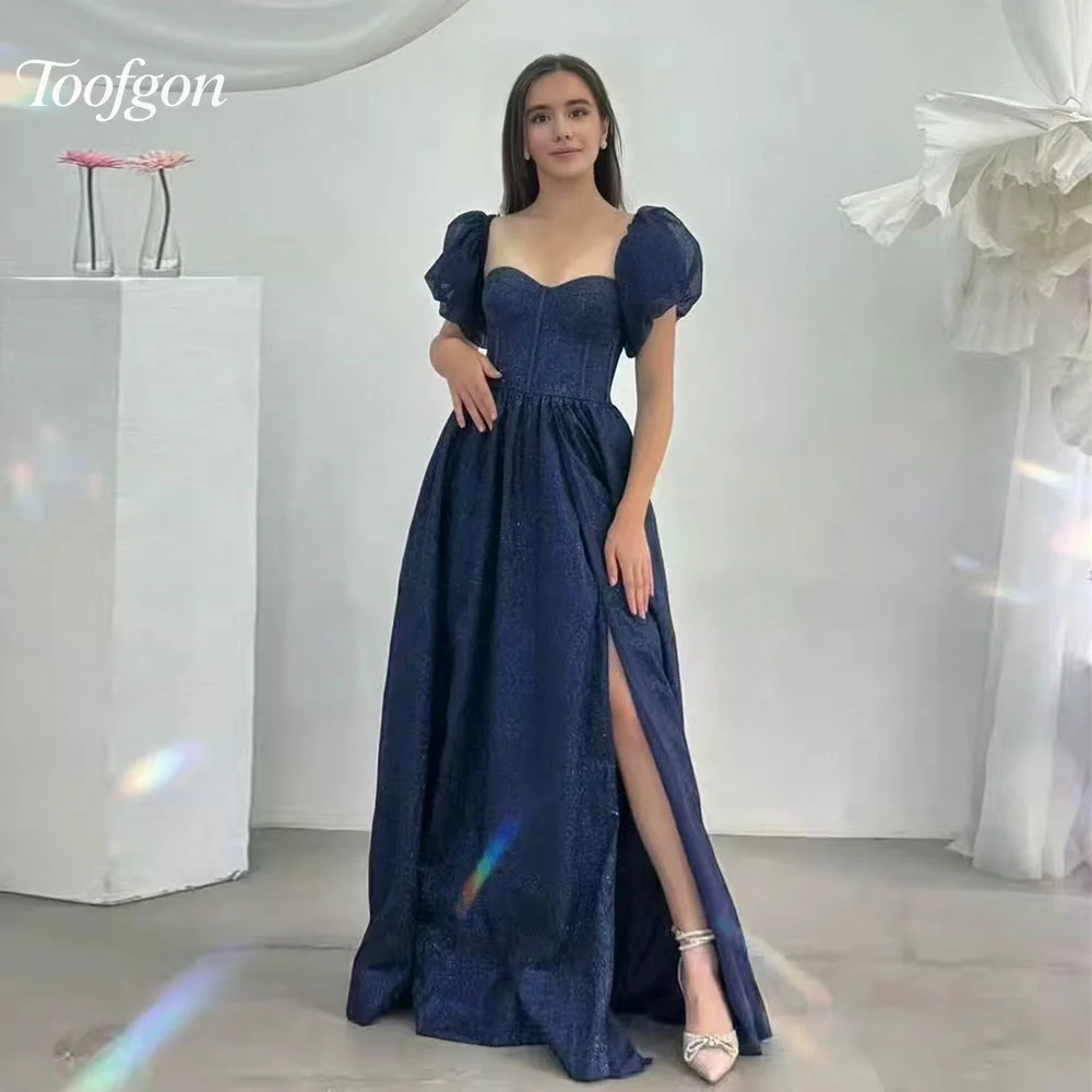 Toofgon Sweetheart-vestidos de fiesta de tul brillantes, manga corta, abertura lateral alta, línea A, azul marino, vestido de fiesta de noche árabe personalizado
