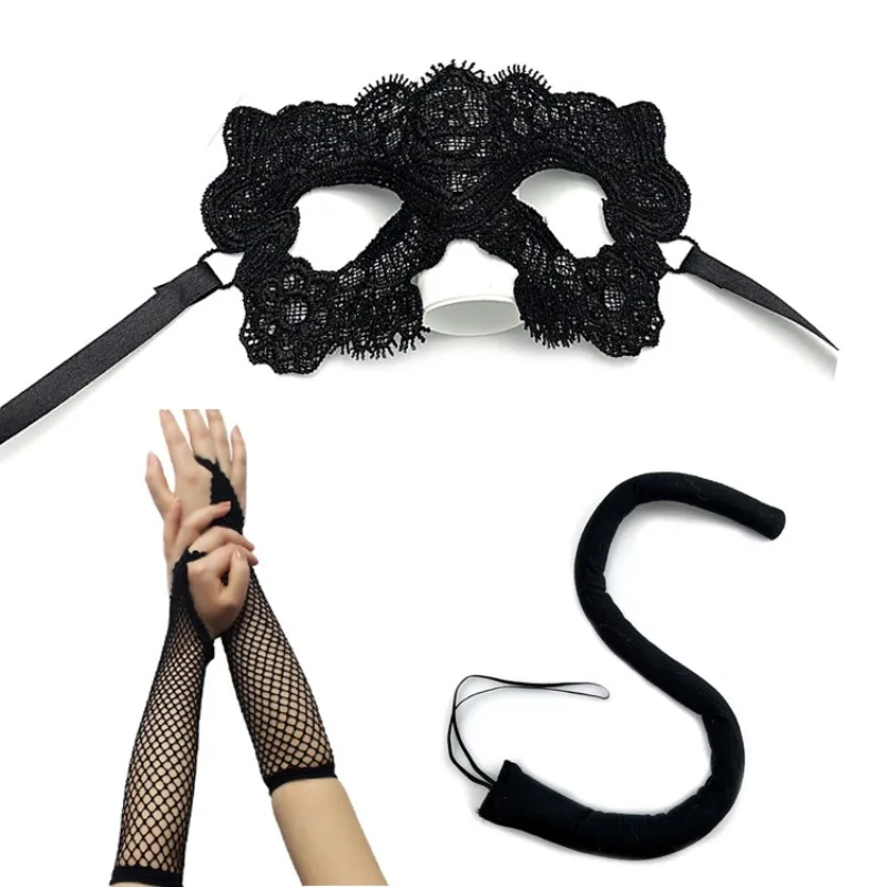 Ensemble de costumes de chat d'Halloween pour femmes – Masque de princesse sexy en dentelle, bandeau et masque pour les yeux, accessoires de fête en tissu noir