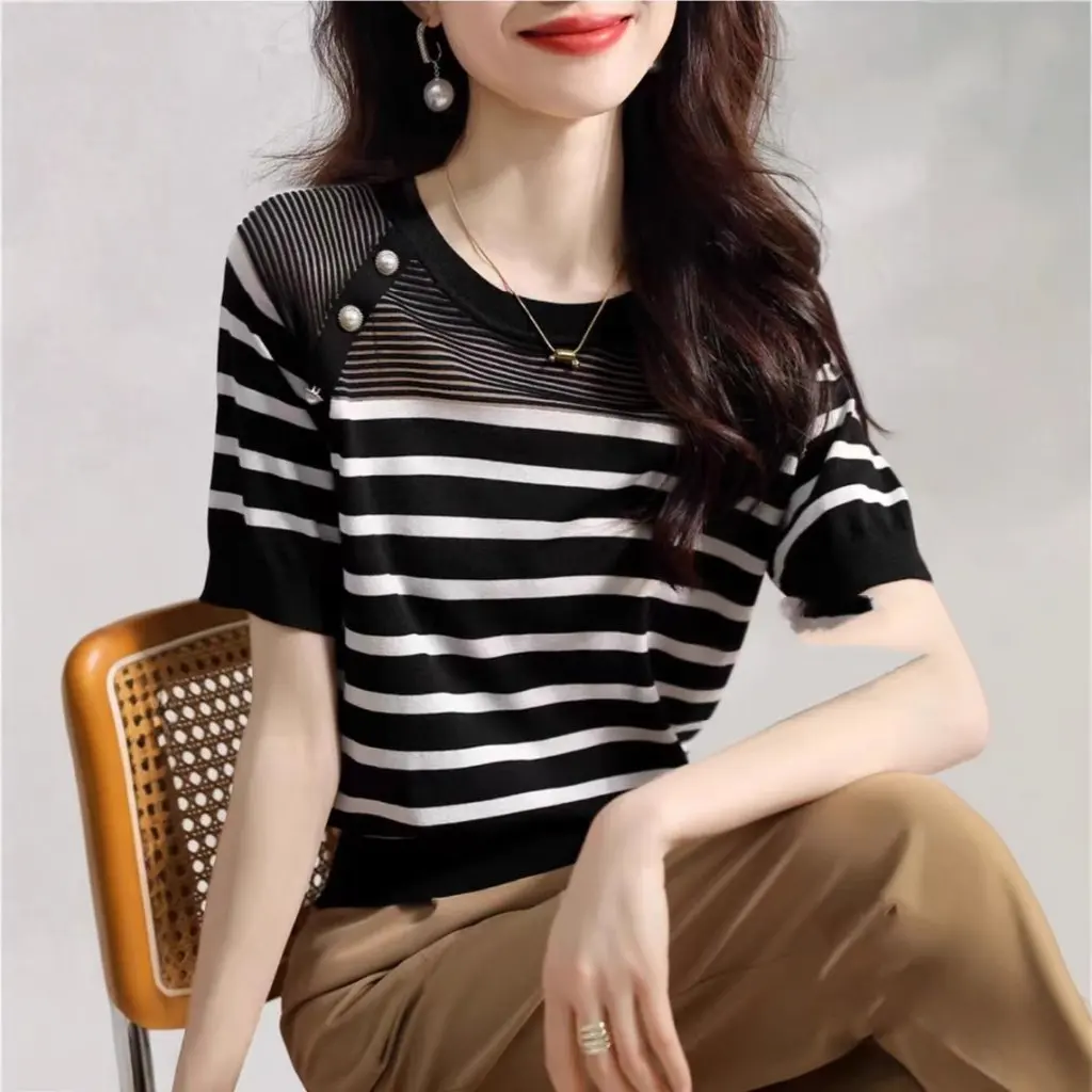 

Women's Short-Sleeved Striped Sweater Korean Style Slimming round Neck Ice Silk Top for Younger Look Summer New Arrival