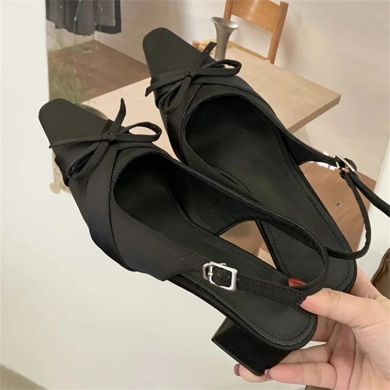 Women's Square Toe Satin Bow Decor Slingback Buckle Block Heel Pumps Elegant Office Footwear Drop Shipping Fast Ship Free Gift view 5