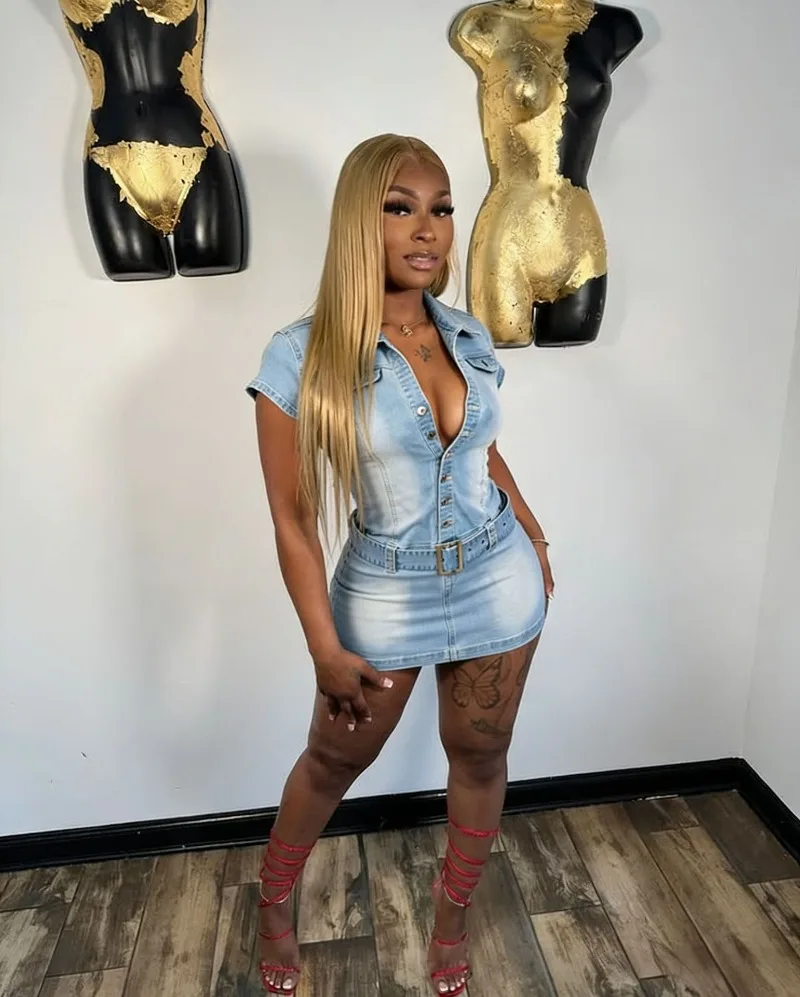 

Stretch Denim Bodycon Mini Dress with Belt Women Fashion Turn Down Collar Short Sleeve Single Breasted Wrap Hip Jeans Dresses