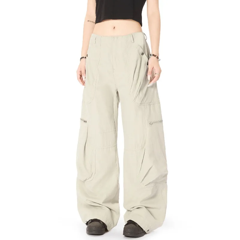 OR FL American High Street Multiple Pockets Fold 100 Cotton Women Cargo Trousers Trendy Brand Wide Leg Floor-length Trousers Y2k