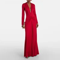 Vestido de noche rojo moderno con cuello en V para mujer, vestido de fiesta Formal hasta el suelo, vestido de fiesta plisado, vestido saudí de manga larga