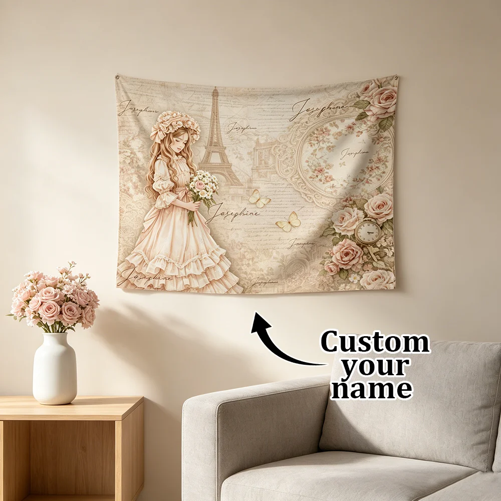 1PC Personalized Vintage Paris Eiffel Tower Girl Tapestry Custom Name Rose Butterfly Retro Wall Hanging Bedroom Aesthetic Decor