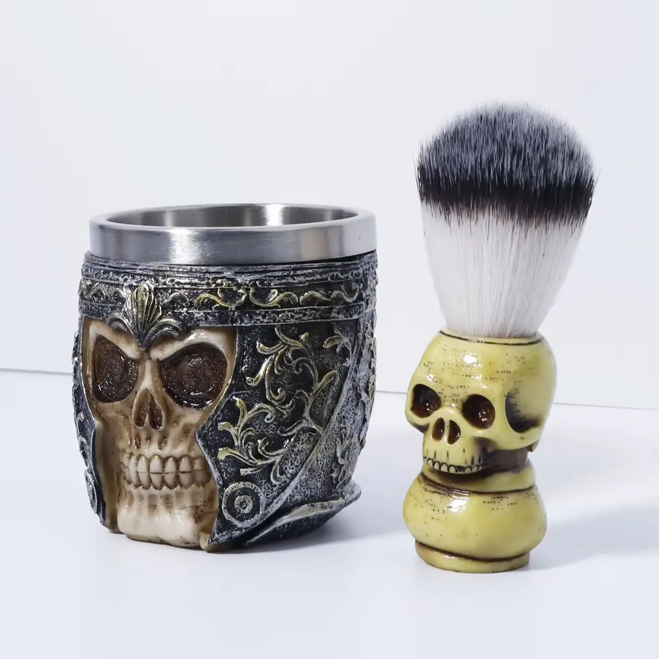 Skull Head Personalized Styling Set - Metal Cup Shape, Skull Head Metal Handle, Soft Hair Brush,special for real hair wigs